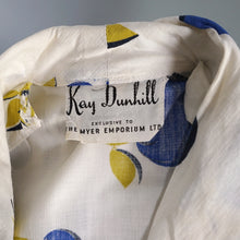 Load image into Gallery viewer, 50s KAY DUNHILL BLUE WHITE CHERRY, STRAWBERRY AND APPLE PRINT DRESS - M