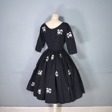 Load image into Gallery viewer, 50s BLACK AND WHITE FLORAL EMBROIDERED FULL SKIRTED PARTY DRESS - XS