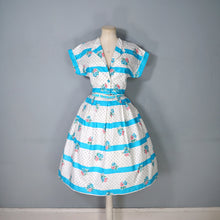 Load image into Gallery viewer, 50s 60s TURQUOISE AND WHITE FLORAL SKIRT AND BOLERO DRESS SET - S