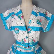 Load image into Gallery viewer, 50s 60s TURQUOISE AND WHITE FLORAL SKIRT AND BOLERO DRESS SET - S