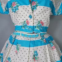 Load image into Gallery viewer, 50s 60s TURQUOISE AND WHITE FLORAL SKIRT AND BOLERO DRESS SET - S