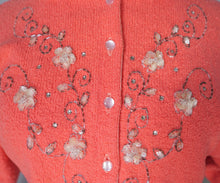 Load image into Gallery viewer, 50s "CABOT" WOOL CHENILLE CORAL PINK BEADED CARDIGAN - M