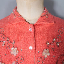 Load image into Gallery viewer, 50s "CABOT" WOOL CHENILLE CORAL PINK BEADED CARDIGAN - M