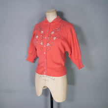 Load image into Gallery viewer, 50s "CABOT" WOOL CHENILLE CORAL PINK BEADED CARDIGAN - M