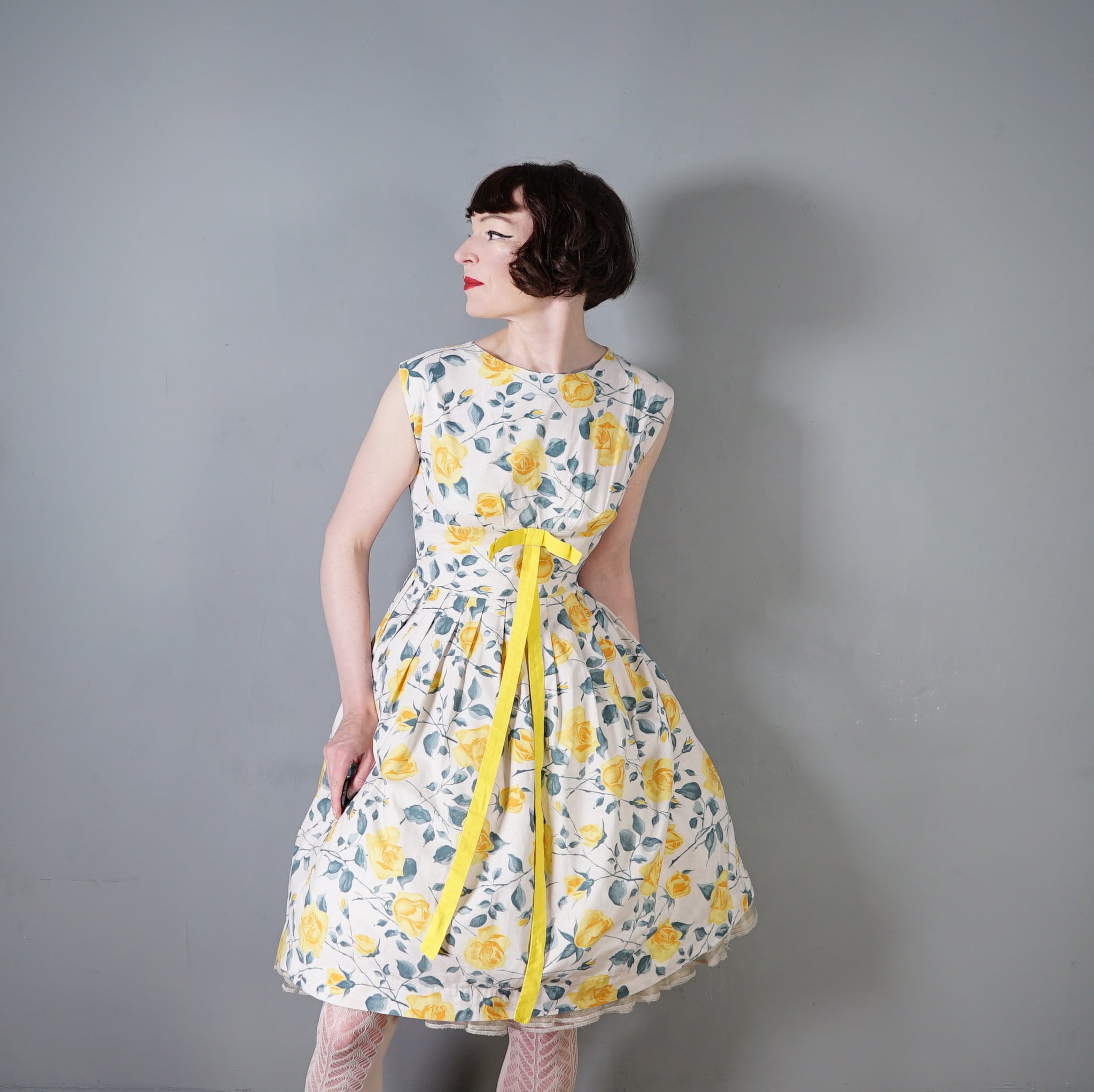 yellow rose dress Black Door Boutique High resolution flower printed fabric 50s 60s YELLOW ROSE PRINT