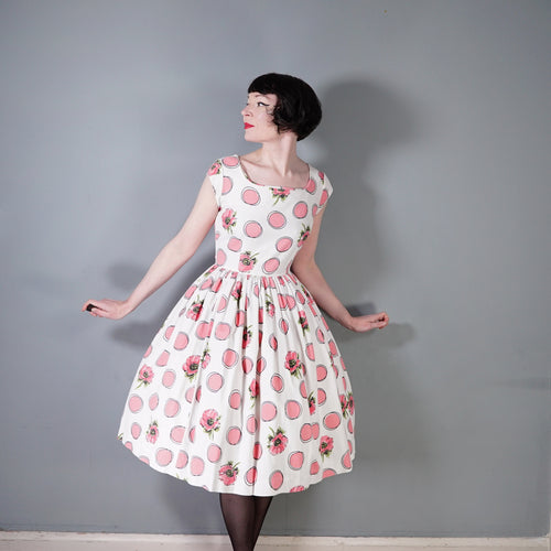 50s PINK DOT AND FLORAL TEXTURED COTTON FULL SKIRTED DAY DRESS - S