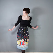 Load image into Gallery viewer, 70s 80s BLACK NOVELTY BAR SCENE BORDER PRINT SKIRT WITH LADIES WITH COCKTAILS - 27"