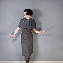 Load image into Gallery viewer, 60s KITTY COPELAND GREY FITTED PENCIL DRESS WITH DETATCHABLE CAPE - S