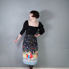 Load image into Gallery viewer, 70s 80s BLACK NOVELTY BAR SCENE BORDER PRINT SKIRT WITH LADIES WITH COCKTAILS - 27"