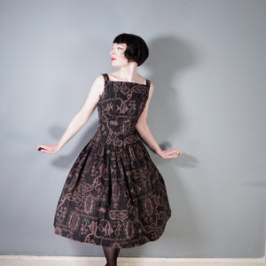 50s DARK BROWN HAWAIIAN STYLE FISH PRINT FULL SKIRTED DRESS - S