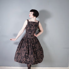 Load image into Gallery viewer, 50s DARK BROWN HAWAIIAN STYLE FISH PRINT FULL SKIRTED DRESS - S