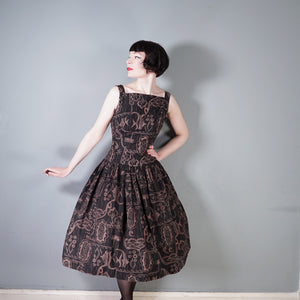 50s DARK BROWN HAWAIIAN STYLE FISH PRINT FULL SKIRTED DRESS - S