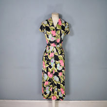 Load image into Gallery viewer, 40s BLACK WITH FLURO PINK, GREEN AND TURQUOISE FLORAL RAYON JERSEY PEPLUM DRESS - XS-S