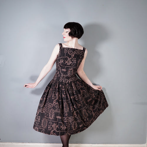 50s DARK BROWN HAWAIIAN STYLE FISH PRINT FULL SKIRTED DRESS - S