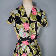 Load image into Gallery viewer, 40s BLACK WITH FLURO PINK, GREEN AND TURQUOISE FLORAL RAYON JERSEY PEPLUM DRESS - XS-S