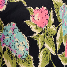 Load image into Gallery viewer, 40s BLACK WITH FLURO PINK, GREEN AND TURQUOISE FLORAL RAYON JERSEY PEPLUM DRESS - XS-S