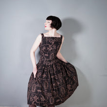 Load image into Gallery viewer, 50s DARK BROWN HAWAIIAN STYLE FISH PRINT FULL SKIRTED DRESS - S
