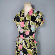 Load image into Gallery viewer, 40s BLACK WITH FLURO PINK, GREEN AND TURQUOISE FLORAL RAYON JERSEY PEPLUM DRESS - XS-S