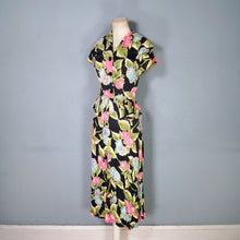 Load image into Gallery viewer, 40s BLACK WITH FLURO PINK, GREEN AND TURQUOISE FLORAL RAYON JERSEY PEPLUM DRESS - XS-S