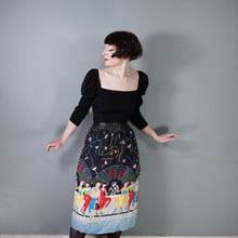 Load image into Gallery viewer, 70s 80s BLACK NOVELTY BAR SCENE BORDER PRINT SKIRT WITH LADIES WITH COCKTAILS - 27"