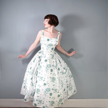Load image into Gallery viewer, 50s HORROCKSES GREEN AND WHITE FLORAL FULL SKIRTED COTTON PARTY DRESS - S