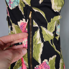 Load image into Gallery viewer, 40s BLACK WITH FLURO PINK, GREEN AND TURQUOISE FLORAL RAYON JERSEY PEPLUM DRESS - XS-S