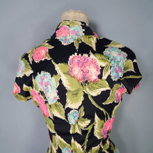Load image into Gallery viewer, 40s BLACK WITH FLURO PINK, GREEN AND TURQUOISE FLORAL RAYON JERSEY PEPLUM DRESS - XS-S