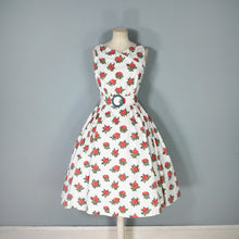 Load image into Gallery viewer, 50s style HEAVY COTTON RED ROSE PRINT FULL SKIRTED DRESS WITH CINCH BELT
