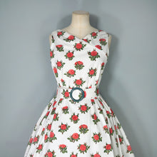 Load image into Gallery viewer, 50s style HEAVY COTTON RED ROSE PRINT FULL SKIRTED DRESS WITH CINCH BELT