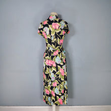 Load image into Gallery viewer, 40s BLACK WITH FLURO PINK, GREEN AND TURQUOISE FLORAL RAYON JERSEY PEPLUM DRESS - XS-S