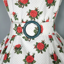 Load image into Gallery viewer, 50s style HEAVY COTTON RED ROSE PRINT FULL SKIRTED DRESS WITH CINCH BELT