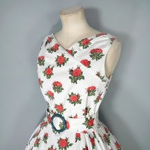 Load image into Gallery viewer, 50s style HEAVY COTTON RED ROSE PRINT FULL SKIRTED DRESS WITH CINCH BELT