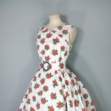 Load image into Gallery viewer, 50s style HEAVY COTTON RED ROSE PRINT FULL SKIRTED DRESS WITH CINCH BELT