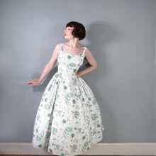 Load image into Gallery viewer, 50s HORROCKSES GREEN AND WHITE FLORAL FULL SKIRTED COTTON PARTY DRESS - S