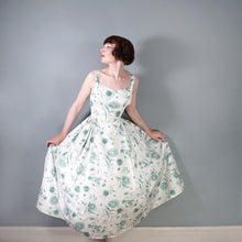 Load image into Gallery viewer, 50s HORROCKSES GREEN AND WHITE FLORAL FULL SKIRTED COTTON PARTY DRESS - S