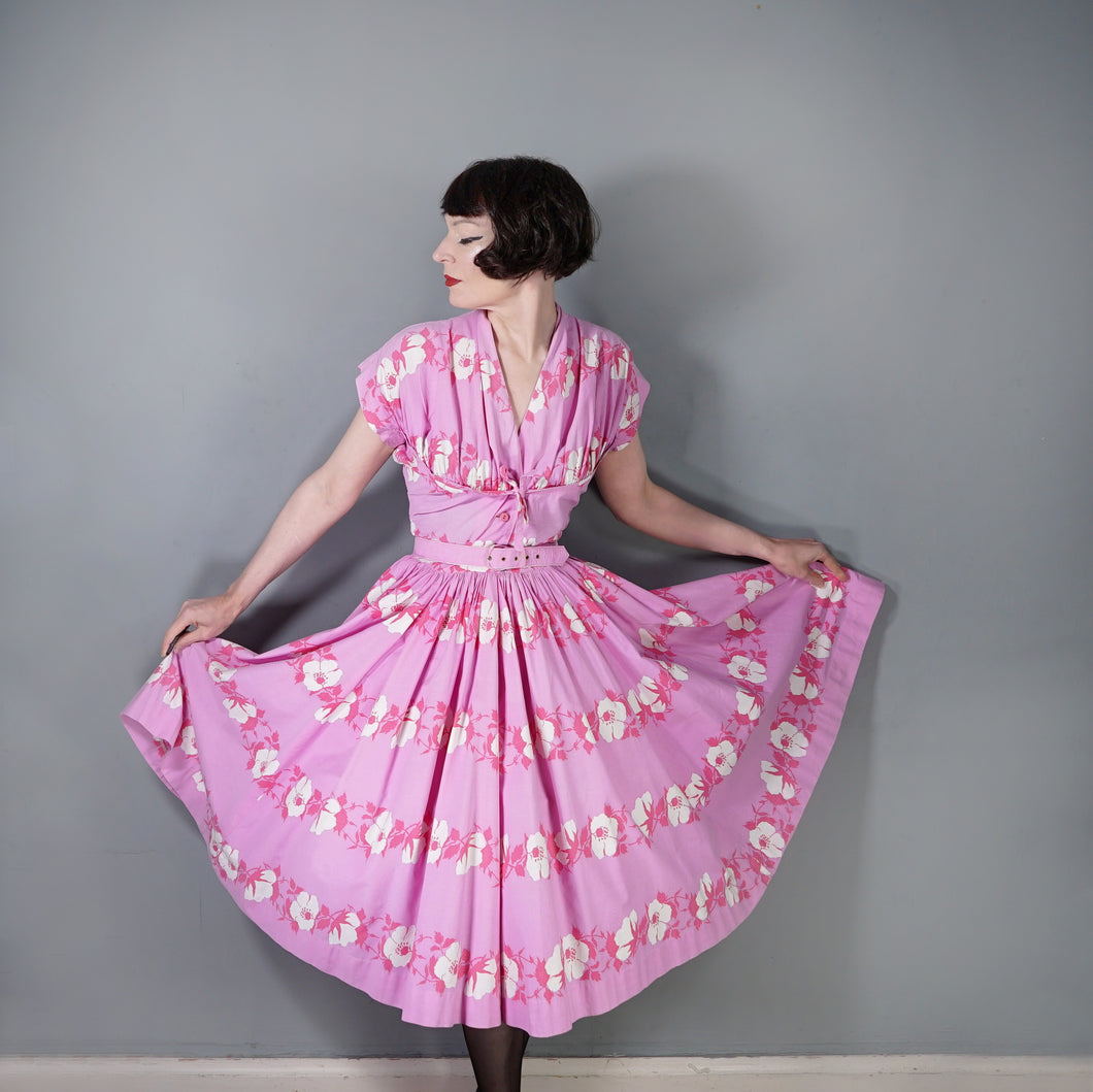 50s HORROCKSES FASHION BRIGHT PINK FLORAL PRINT FULL SKIRTED COTTON DRESS - S