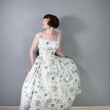 Load image into Gallery viewer, 50s HORROCKSES GREEN AND WHITE FLORAL FULL SKIRTED COTTON PARTY DRESS - S