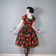 Load image into Gallery viewer, 50s A DIANA DRESS BLACK RED FLORAL ROSE PRINT TAFFETA DRESS - XS