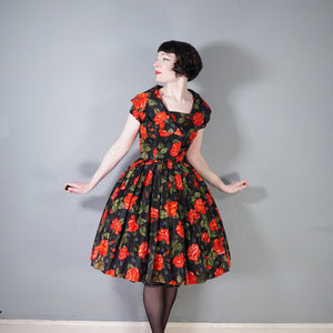 50s A DIANA DRESS BLACK RED FLORAL ROSE PRINT TAFFETA DRESS - XS