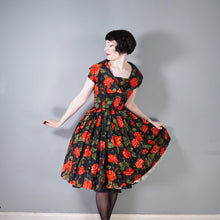 Load image into Gallery viewer, 50s A DIANA DRESS BLACK RED FLORAL ROSE PRINT TAFFETA DRESS - XS