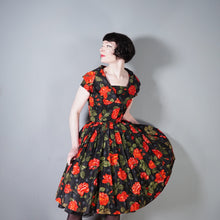 Load image into Gallery viewer, 50s A DIANA DRESS BLACK RED FLORAL ROSE PRINT TAFFETA DRESS - XS