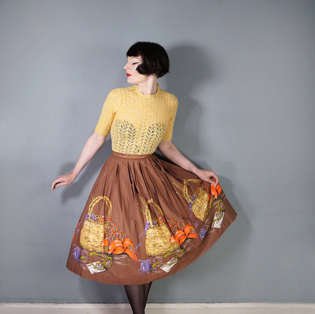 50s JOHN WOLF NOVELTY BORDER PRINT KNITTING BASKET FULL COTTON SKIRT - 27