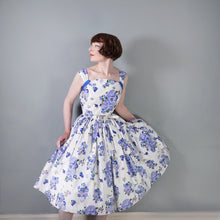 Load image into Gallery viewer, 50s HORROCKSES FASHIONS BLUE FLORAL COTTON DRESS WITH FULL SWEEP - S