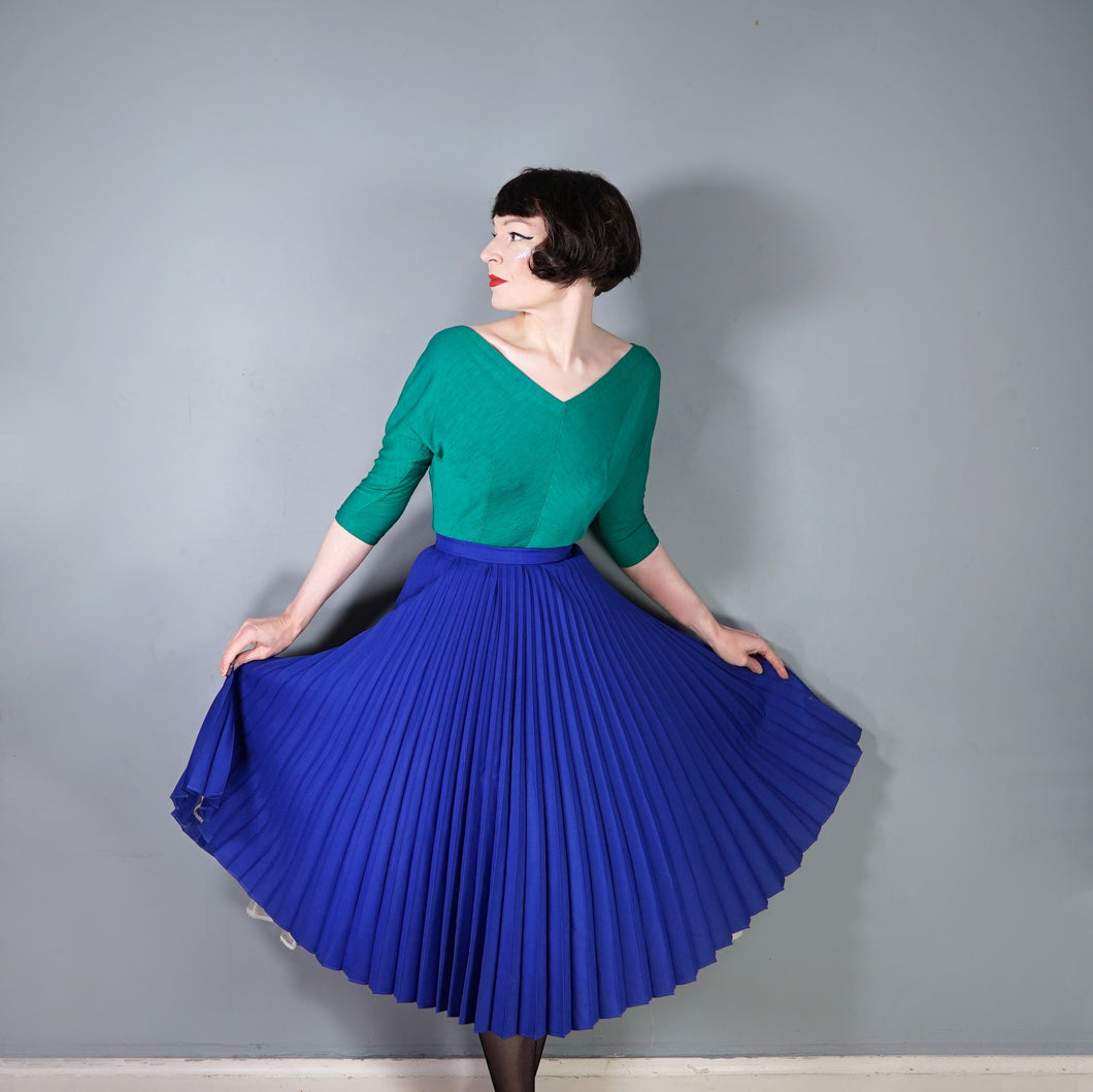 60s BOURNE AND HOLLINGSWORTH PLEATED DEEP BLUE FULL SKIRT - 27.5