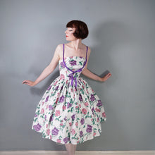 Load image into Gallery viewer, 50s HORROCKSES? STRAPPY FULL SKIRTED PINK AND PURPLE ROSE COTTON DRESS - XS-S