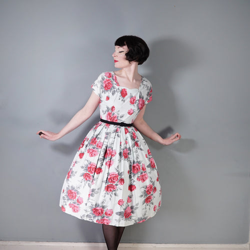 50s RED AND GREY PAINTERLY ROSE PRINT COTTON DRESS - S