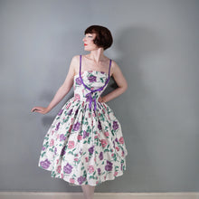 Load image into Gallery viewer, 50s HORROCKSES? STRAPPY FULL SKIRTED PINK AND PURPLE ROSE COTTON DRESS - XS-S