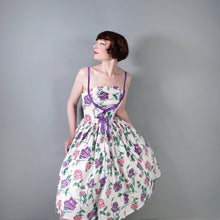Load image into Gallery viewer, 50s HORROCKSES? STRAPPY FULL SKIRTED PINK AND PURPLE ROSE COTTON DRESS - XS-S
