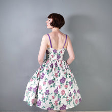 Load image into Gallery viewer, 50s HORROCKSES? STRAPPY FULL SKIRTED PINK AND PURPLE ROSE COTTON DRESS - XS-S