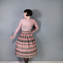 Load image into Gallery viewer, BROWN 50s FULL COTTON SKIRT WITH TROMP L&#39;OEIL POMPOM RIBBON PRINT - 25&quot;
